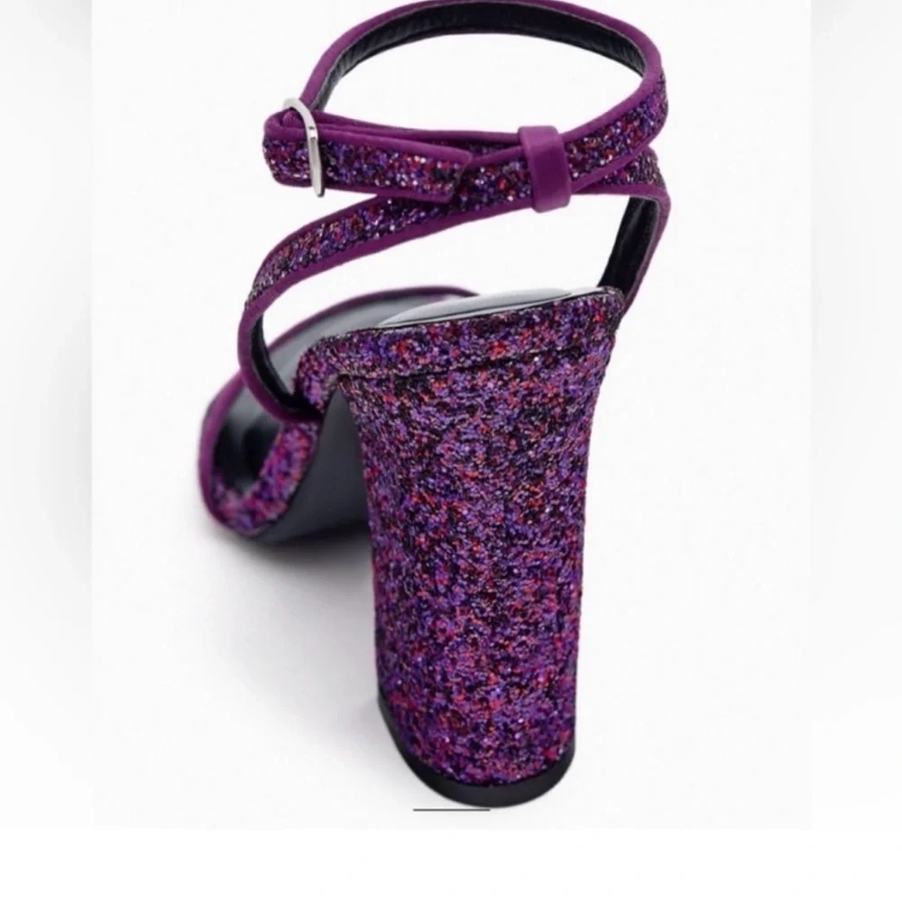 Zara Purple Glitter Block Heel Sandals w/ Ankle Strap Size 7.5 - Picture 4 of 11